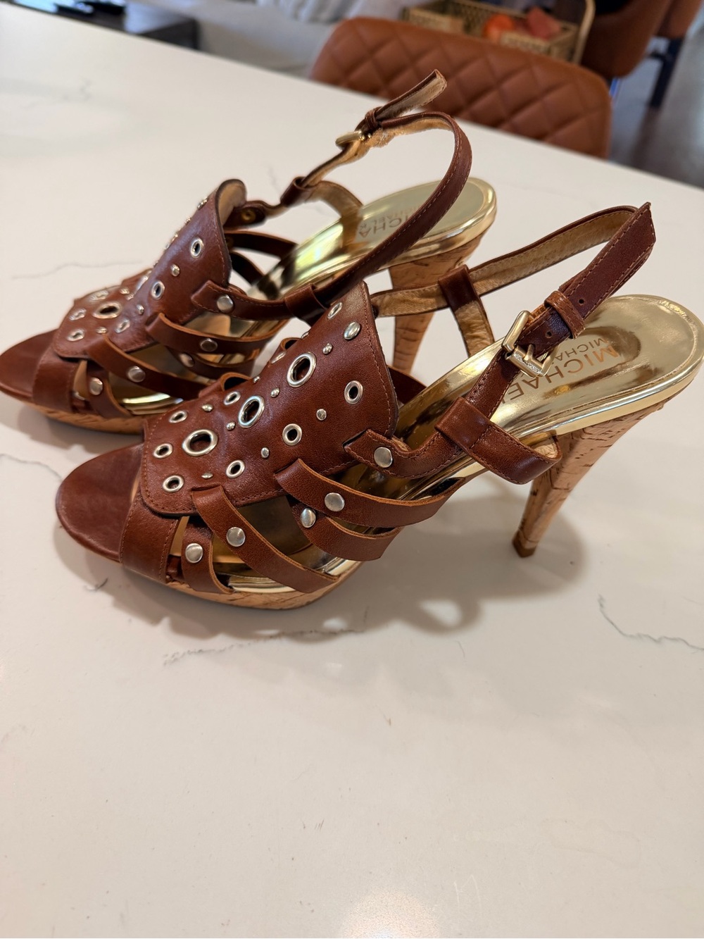 Michael Kors Brown Leather Grommet Slingback Heels Size 9